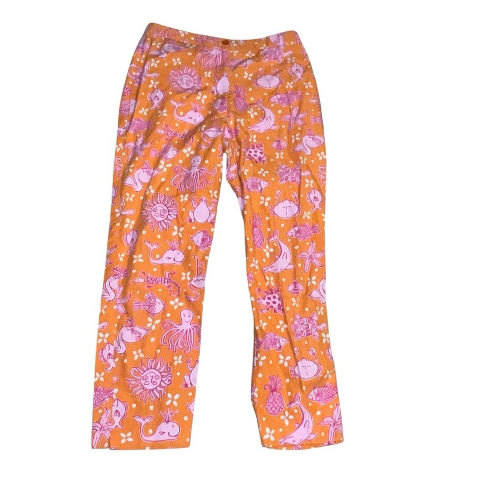 Vintage Lilly Pulitzer cropped pants orange pink whimsical animals 2 flamingo